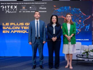 Mme Amal El Fallah Seghrouchni, M. Amine El Mezouaghi, et Mme Trixie LohMirmand lors de la conférence de presse GITEX Africa Morocco 2026, Casablanca